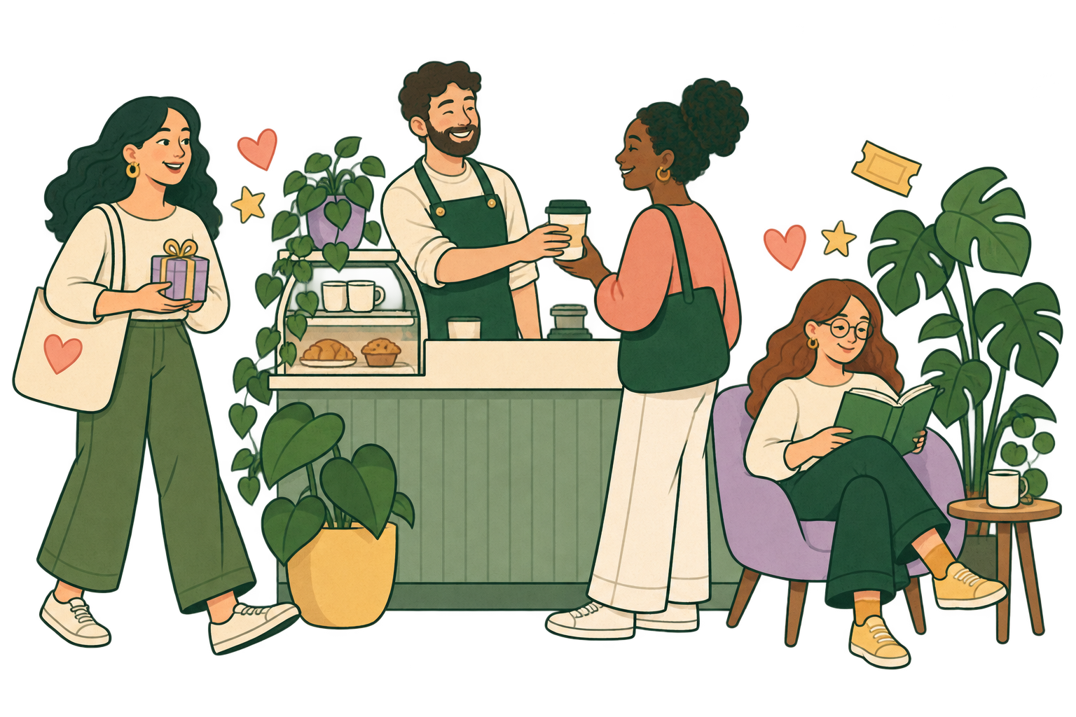 People sharing coffee, enjoying a book, and carrying a gift at a neighborhood café.