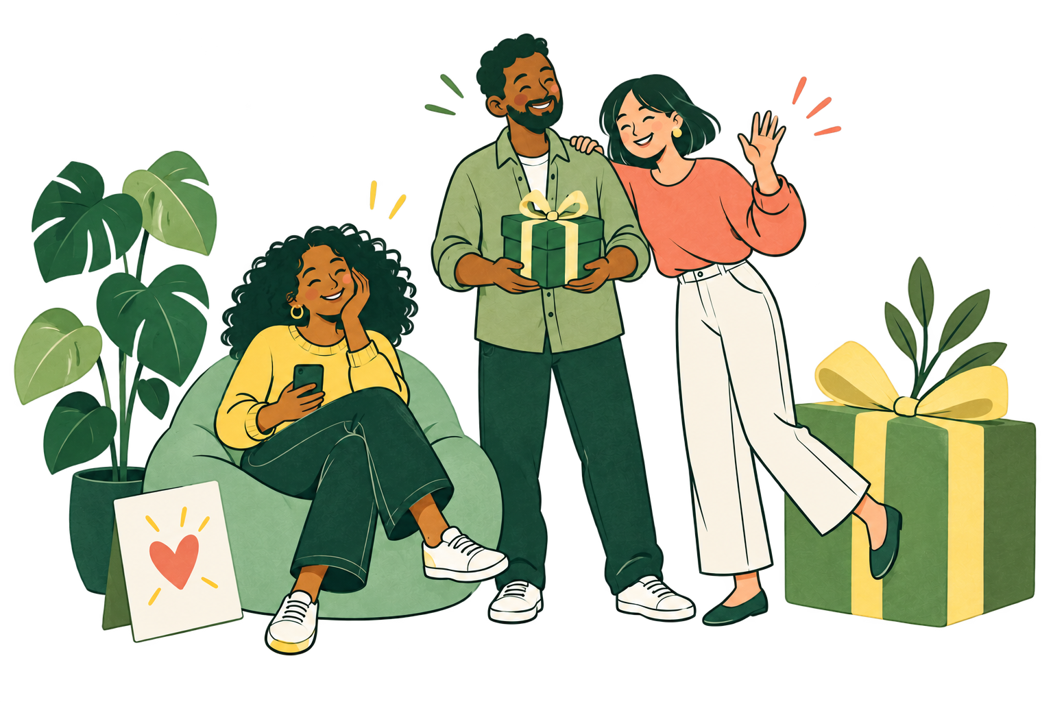 Three colleagues sharing a gift and a happy moment together.