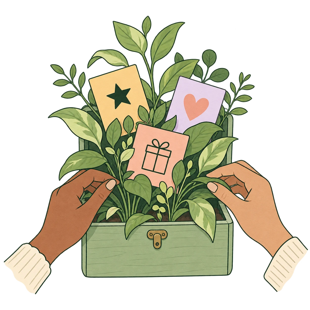 Hands caring for a plant with hearts, gifts and stars among its leaves.