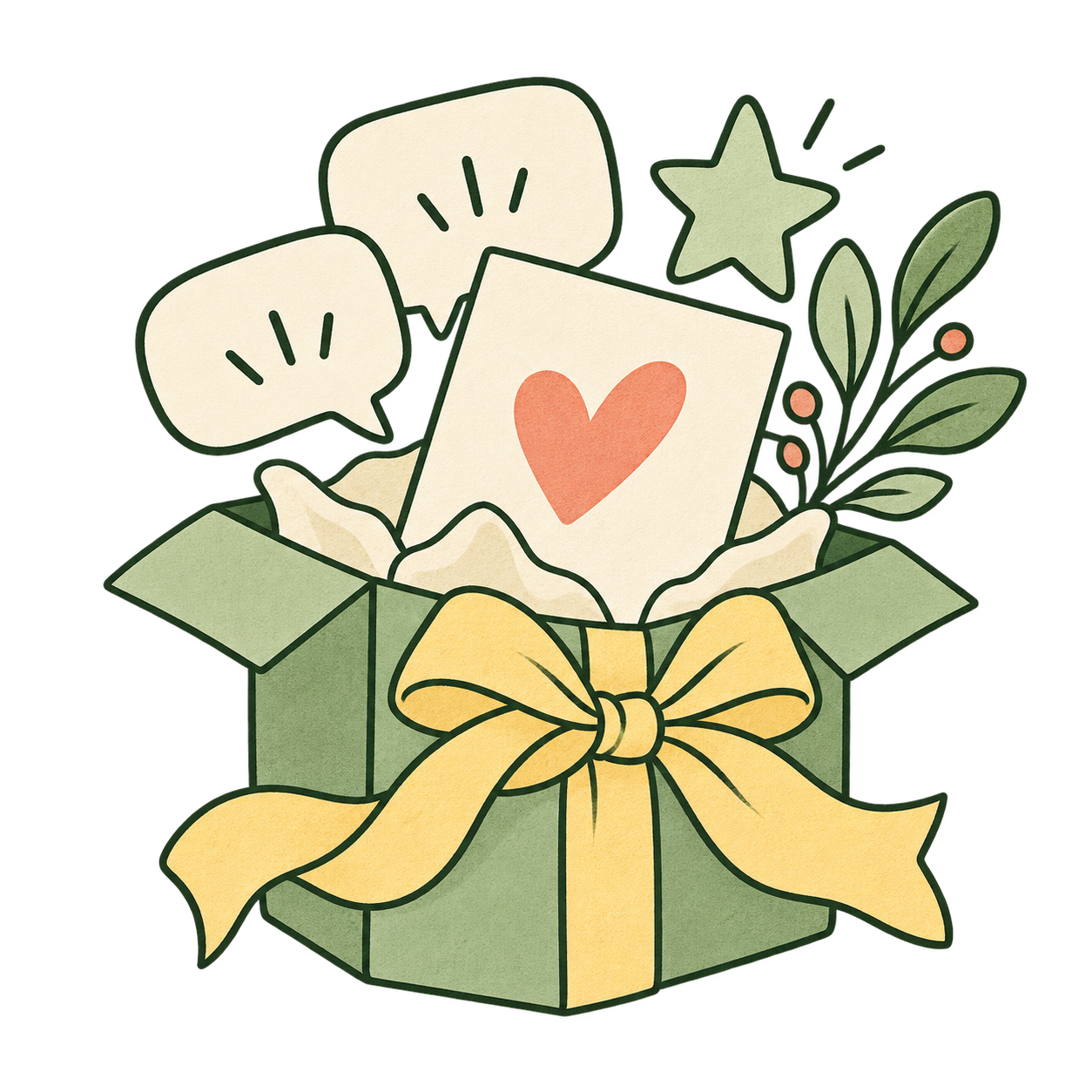 An illustrated gift box filled with an appreciation card, a star and conversation bubbles.