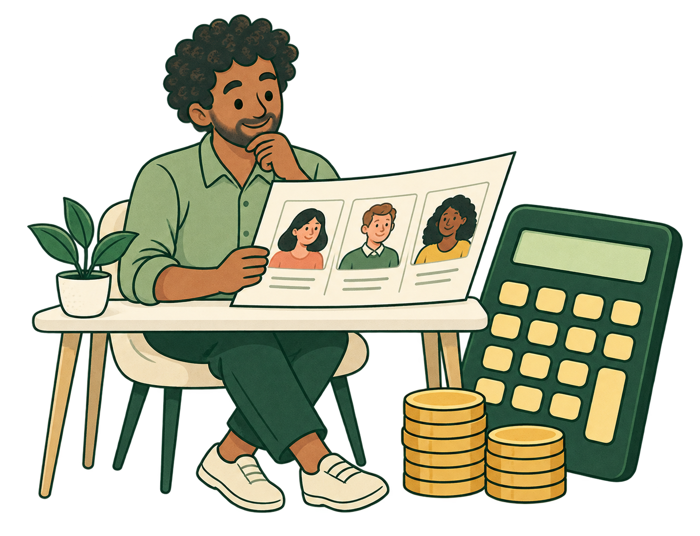 A business owner reviewing employee profiles beside a calculator and stacks of coins.